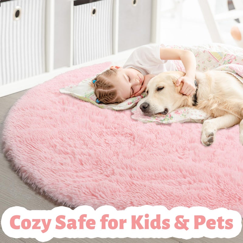 Amdrebio Light Pink Round Rug 4Ft for Girls Bedroom, Fluffy Circle Area Rugs for Kids Room Decor Aesthetic, Cute Shag Fuzzy Carpet for Nursery, Preppy Dorm, Classroom, Playroom, Teen, Baby, Washable - Image 2